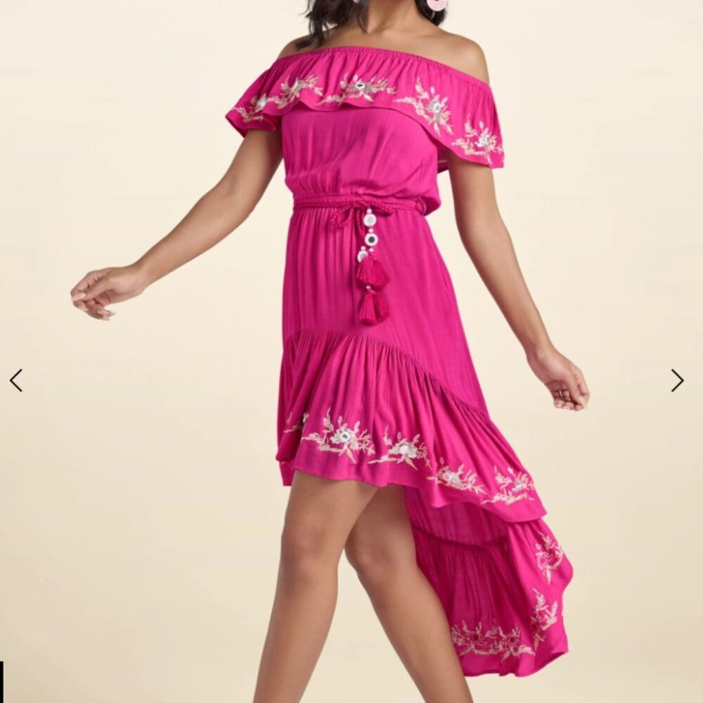 Venus Embroidered High-Low Off Shoulder Ruffled Belt Dress Hot Pink Summer Sz 4
